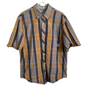 99/2000s Timberland Mens Plaid S/S Button Up L Blue Gold Hip Hop R&B Rap Trendy